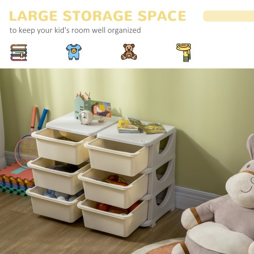 HOMCOM Kids Storage Units with 6 Drawers 3 Tier Chest Vertical Dresser Tower Toy Organiser for Nursery Playroom Kindergarten Cream