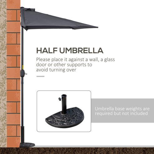 Outsunny 3(m) Half Parasol, Semi Round Umbrella with Metal Frame, Crank Handle for Balcony, Garden, Grey