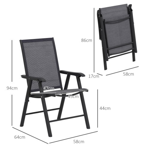 Outsunny Set of 2 Folding Garden Chairs, Metal Frame Garden Chairs Outdoor Patio Park Dining Seat with Breathable Mesh Seat, Dark Grey