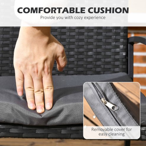 Outsunny 4 Seater Rattan Dining Set with Cushions, Wood Effect Metal Top Table with Umbrella Hole, PE Rattan Garden Furniture Set, Outdoor Dining Table and Chairs for Patio, Balcony, Lawn, Black