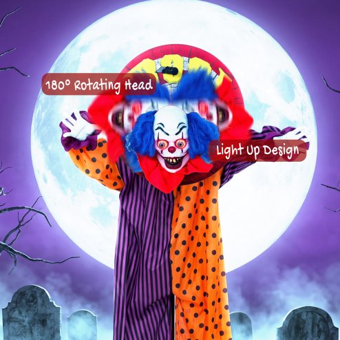 HOMCOM 167cm Life Size Animated Clown Halloween Decorations Outdoor Indoor, Scary Halloween Animatronics Decor with Sound Touch Activated, Red Light Up Eyes, Animated Prop for Haunted House Garden