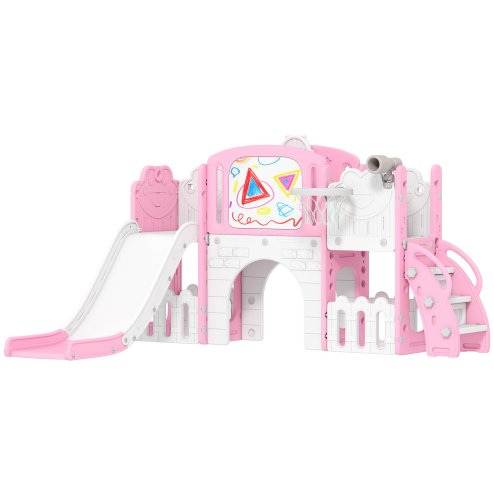 AIYAPLAY 7 in 1 Toddler Slide Set with Basketball Hoop, Outdoor & Indoor Frog Theme Playset with Climbing Frame, Telescope, Drawing Board, Storage Box for Toddlers Ages 1-3, Pink