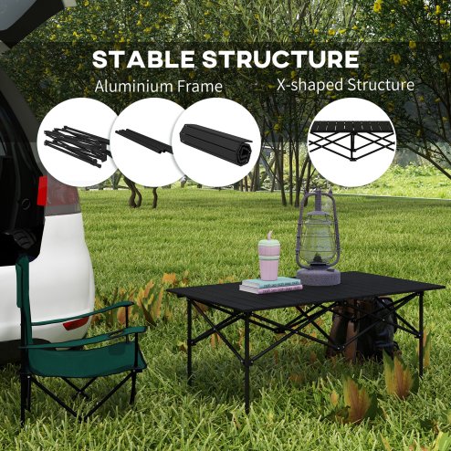 Outsunny Portable Camping Table, 3ft Lightweight Folding Aluminium Picnic Table with Roll Up Top, Carry Bag for Outdoor Camping, Picnic, Hiking, Cooking, BBQ, Fishing, Black