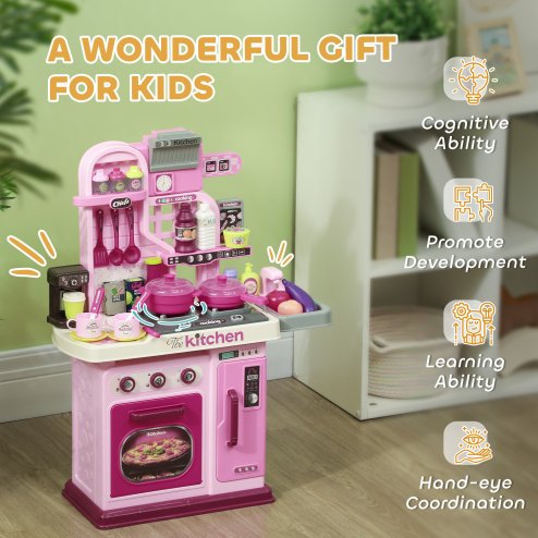 AIYAPLAY Kids Kitchen, Toy Kitchen, Toddler Pretend Play Kitchen with 33-Piece Accessories, Lights, Sounds, for Ages 3-6 Years, Pink
