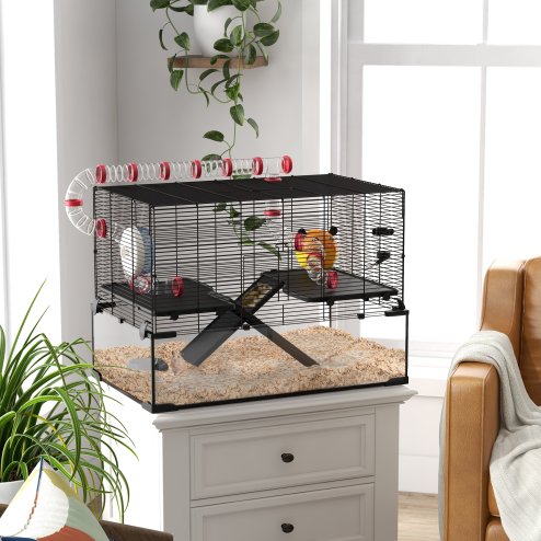 PawHut Large Hamster Cage, Gerbil Cage with Deep Glass Bottom, Tunnels, Non-Slip Ramps, Exercise Wheels, Water Bottle, Dish, 78.5 x 48.5 x 57cm