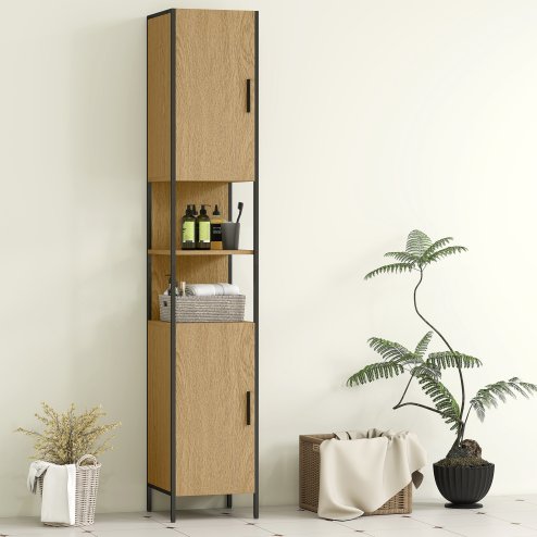 HOMCOM Tall Bathroom Cabinet, Slim Bathroom Storage Cabinet with 2 Doors, Open Compartments and Adjustable Shelves, Freestanding Storage Cupboard, 33 x 33 x 185 cm, Natural Wood Finish