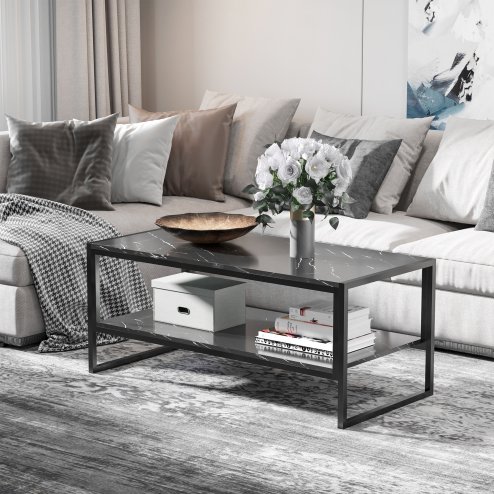 HOMCOM Coffee Table, Two-Tier Marble Centre Table with Metal Frame and Storage Shelf for Living Room, 106 x 50 x 45cm