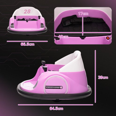 AIYAPLAY Kids Bumper Car, 360 Rotation 12V Waltz Car, Battery Powered Ride-On Toy with Remote Control, Dual Joystick, Music, USB, LED Lights, Horn, for Ages 1.5-5 Years, Pink