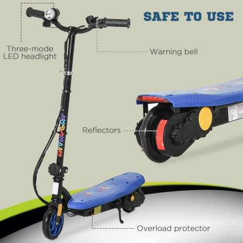 HOMCOM 120W E-Scooter Folding Electric Scooter with 12km/h Maximum Speed, Three Mode LED Headlight, Adjustable Height, Warning Bell, for Ages 7-14 Years - Blue