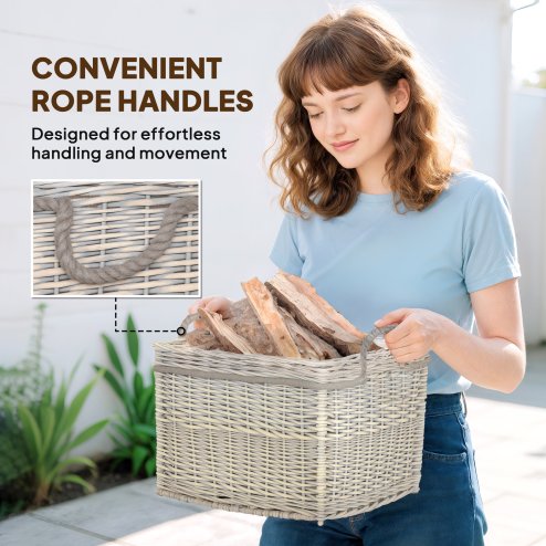 Outsunny Set of 3 Log Baskets for Wood Burner Indoor, Round torage Basket with Lining and Rope Handles for Fireside Storage, Blankets, Beige