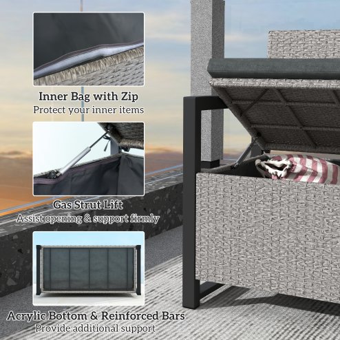 Outsunny Garden Storage Bench with 151.5L Capacity, Inner Bag, 2 Seater PE Rattan Outdoor Garden Bench with Storage, Cushion, Wicker Outdoor Bench Loveseat for Patio, Grey