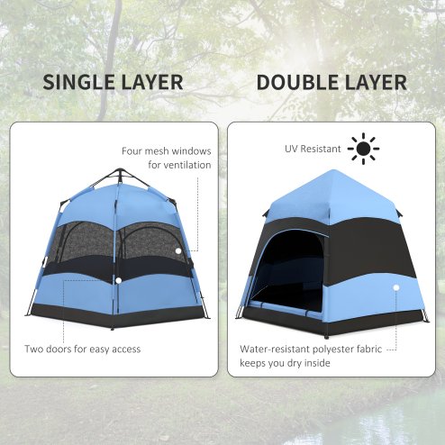 Outsunny Double Layer Pop Up Tent with Rainfly, Hexagon 4 Man Dome Tent, Portable Camping Shelter with Sewn-in Groundsheet and Carry Bag, for Festival Backpacking Road Trips, Blue