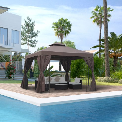 Outsunny 3 x 3 m Garden Gazebo Double-Roof Marquee Patio Wedding Party Tent Canopy Shelter with Sidewalls (Brown)