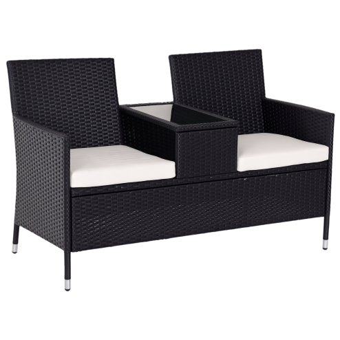 Outsunny 2 Seater Rattan Sofa with Cushions, Wicker Garden Loveseat with Armrests, Outdoor Garden Sofa Couch with Metal Frame for Patio, Black