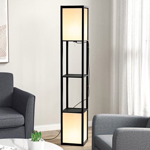 HOMCOM Floor Lamp with Shelves and Dual Light, Modern Corner Standing Lamp for Living Room, Bedroom, Bulb not Included, Black