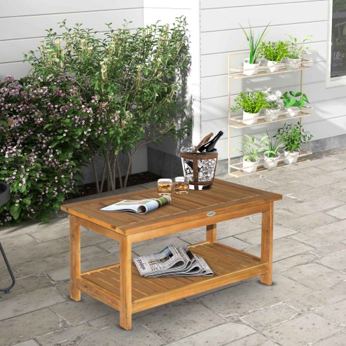 Outsunny Wooden Garden Coffee Table, Outdoor Side Table with Bottom Storage Shelf for Patio, Deck, Lawn, Garden, 90 x 45 x 43 cm, Teak