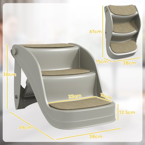 PawHut Foldable Pet Stairs Portable Dog Steps 3-Step Design with Non-slip Mats for High Beds, Sofas, 49 x 38 x 38 cm, Grey