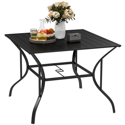 Outsunny 94 x 94 cm Garden Dining Table with Parasol Hole, Square Patio Table with Slatted Metal Plate Top, Black