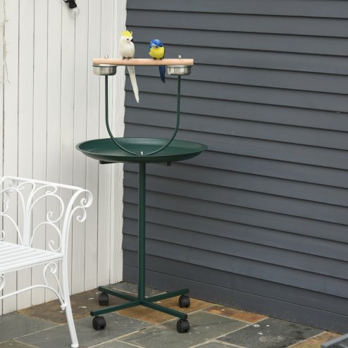 PawHut Bird Perch Stand, T-Stand Bird Training with Perch, Four Wheels, Feeding Bowls, Parrot Stand for Small, Medium Birds, Green