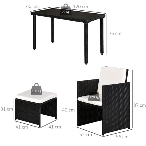 Outsunny 2 Seater Rattan Cube Garden Furniture Set, Rattan Dining Set with Cushions, Outdoor Dining Table and Chairs with 2 Armchairs, 2 Stools, Rectangular Glass Top Table for Patio, Balcony