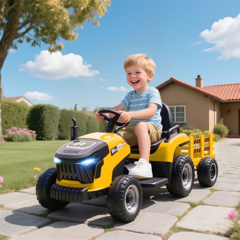 AIYAPLAY Ride on Tractor with Trailer, 12V Electric Vehicle with Remote Control, Ride on Car for Kids with Music, Shifter, Start-Up Sound for Ages 3-8 Years, Yellow
