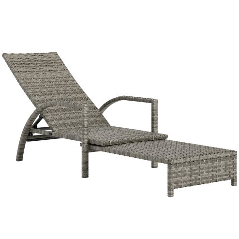 Outsunny PE Rattan Sun Lounger, Garden Lounger with 4-Level Adjustable Backrest, Outdoor Sunbed with Retractable Footrest for Balcony, Beach, Patio, Mixed-grey