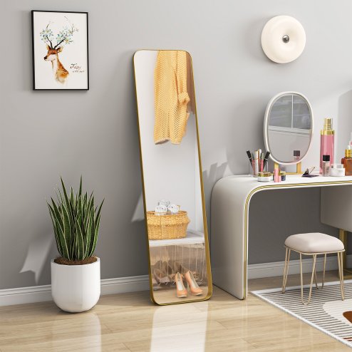 HOMCOM Full Length Mirror, 40 x 160 cm, Rectangular Full Body Mirror with Curved Corners for Bedroom, Living Room, Cloakroom, Floor Standing or Leaning Against Wall, Gold Tone