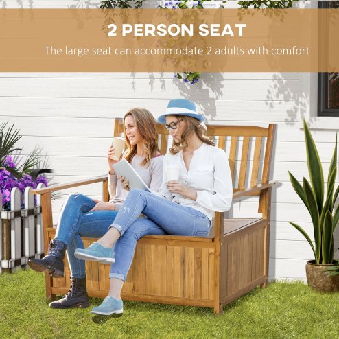 Outsunny 2 Seater Garden Storage Bench, 164L Outdoor Storage Box with Backrest Flower Pattern, Wooden Garden Bench with Armrests, 125 x 68.5 x 97cm, Natural