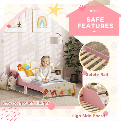 AIYAPLAY Toddler Bed, Cute Animal-Themed Kids Bed Frame with Safety Rails, Kids Bedroom Furniture, 143 x 77 x 60cm, Pink
