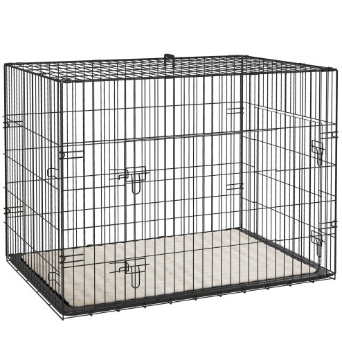 PawHut Dog Crate, Folding Metal Dog Cage with Two Doors, Tray, Soft Cushion, for Large Dogs, 91 x 62 x 68 cm, Black