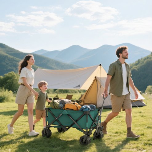 Outsunny 140L Festival Trolley on Wheels, Folding Camping Trolley Cart with Telescopic Handle, Big Wheels for Outdoor Garden Beach Fishing, Green