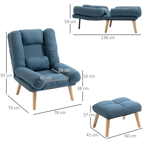 HOMCOM Armchair with Footstool, 180° Recliner with Ottoman, Accent Chair and Footstool with 3-Position Adjustable Backrest and Wooden Legs for Living Room, Blue