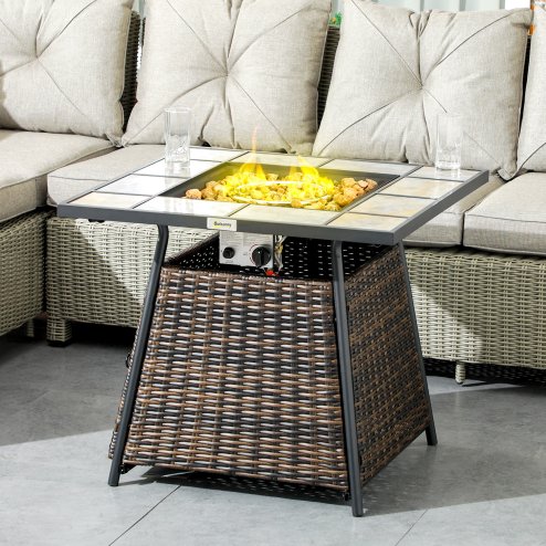 Outsunny Outdoor PE Rattan Gas Fire Pit Table, Square Gas Burner Patio Heater with Fire Control Panel, Slate Desktop, Lid and Lava Rocks, 50,000 BTU, Brown