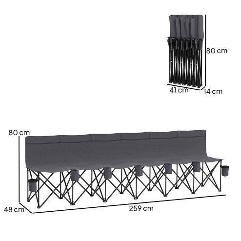 Outsunny 6 Seater Folding Bench, Outdoor Camping Chair Portable Sports Spectator Chair with Metal Frame, Cup Holder & Carry Bag, Charcoal Grey