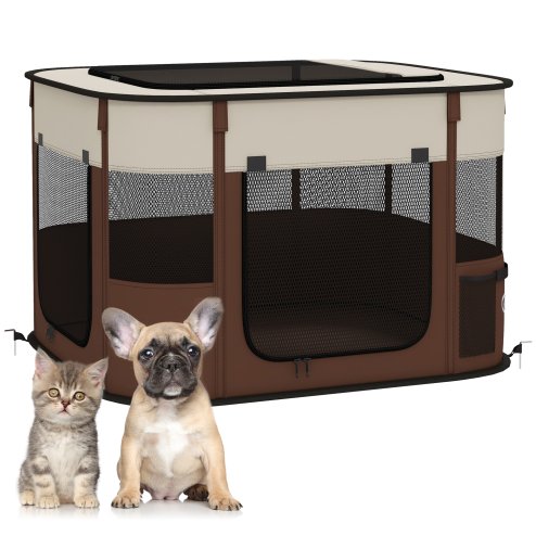 PawHut Dog Pen, Pet Playpen, Portable Foldable Dog Cat Playpen Soft Pet Cage with Storage Bag for Puppies, Rabbits, Kittens, Guinea Pigs, 74 x 60 x 45cm - Brown