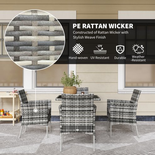 Outsunny 4 Seater Rattan Dining Set with Cushions, 5 Pieces Garden Dining Set with Glass Tabletop, PE Rattan Garden Furniture Set with Dining Table and Armchairs for Patio, Balcony, Mixed Grey
