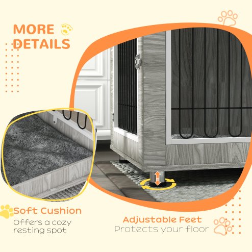 PawHut Dog Crate Furniture, Side End Table, Indoor Dog Kennel with Soft Washable Cushion, Wire Mesh, Large Top, for Large Dogs, 106 x 74 x 81.5, Grey