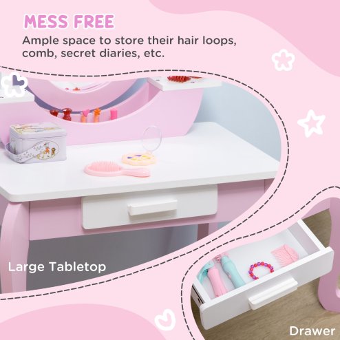 ZONEKIZ Kids Dressing Table, Kids Vanity Set, Girl Makeup Desk w/ Mirror, Stool, Drawer, for Ages 3-6 Years - Pink