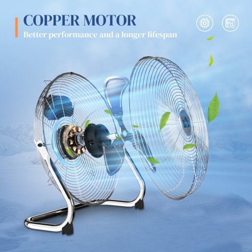 HOMCOM 16 Inches Chrome Metal Floor Fan, High Velocity 3-Speed Home Gym with Adjustable Head, Portable Desk & Table Fan Air Circulator for Home Office, Powerful Airflow, Quiet Operation