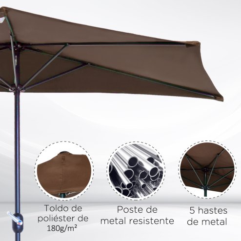 Outsunny 2.7m Garden Half Parasol, Outdoor Balcony Umbrella with 5 Steel Ribs, Patio Sun Shade, Brown