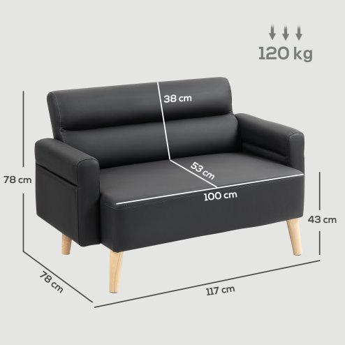 HOMCOM 2 Seater Sofa, Modern Faux Leather Couch Settee, Upholstered Small Sofa Loveseat with Wood Legs, Side Pocket for Living Room, Bedroom, Office, Black