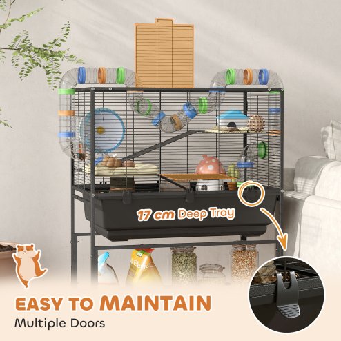 PawHut Hamster Cage, 3 Tier Large Gerbil Cage on Wheels with 17 cm Deep Tray, Storage Shelf, Big Exercise Wheel, Tube System, Hut, Platforms, Ramps, Food Dish, Water Bottle, for Syrian Hamsters, Rats