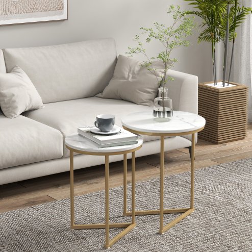 HOMCOM Nesting Coffee Table Set of 2, Modern Nest of Tables, Round Sofa Side Tables with Metal Frame for Living Room, Bedroom, Small Space, Gold Tone