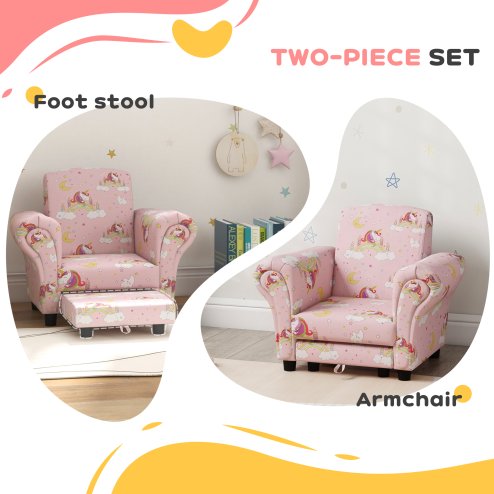 AIYAPLAY Kids Armchair with Stool, 2 Piece Kids Sofa Set with Unicorn Design, Wooden Frame, Upholstered Kids Chair for Bedroom, Playroom, Kid Room, for 1.5-3 Years Old, Pink