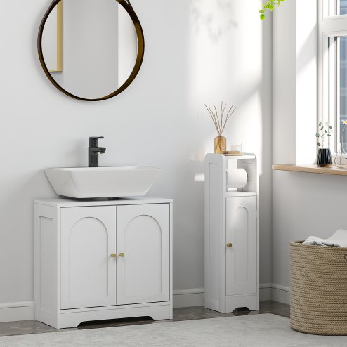 HOMCOM Under Sink Bathroom Cabinet, Freestanding Under Sink Cabinet with 2 Arch Doors and Adjustable Shelf for Basin without or with Pedestal, White