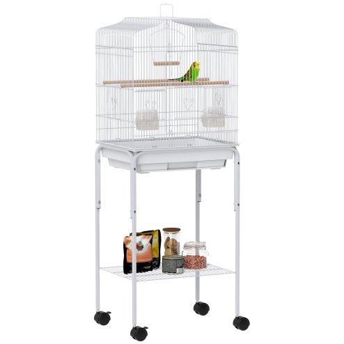 PawHut Bird Cage Budgie Cages for Finch Canary Parakeet with Stand Wheels Slide-out Tray Accessories Storage Shelf, White 46.5 x 36 x 124 cm