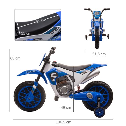HOMCOM Kids Electric Motorbike, 12V Battery Powered Kids Motorbike for Boys and Girls with Training Wheels, Start-up Button, Pedal, for Ages 3-5 Years - Blue