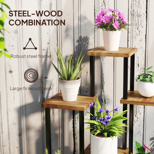 Outsunny 5 Tier Plant Stand Indoor Outdoor, Tiered Corner Steel Wood Plant Shelf for Multiple Plants, Tall Flower Stand Display Rack for Garden Patio Balcony Living Room, Carbonised Finish