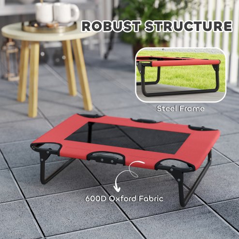 PawHut Raised Dog Bed, Portable Elevated Pet Cot with Breathable Mesh for Indoor Outdoor, for Small Medium Dogs, 75 x 51 x 18 cm, Red