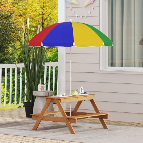 AIYAPLAY Kids Picnic Table, Sand and Water Table with Wooden Benches, Adjustable Parasol and Storage Bins, Outdoor Garden Furniture for Children 3-6 Years, Multicolour